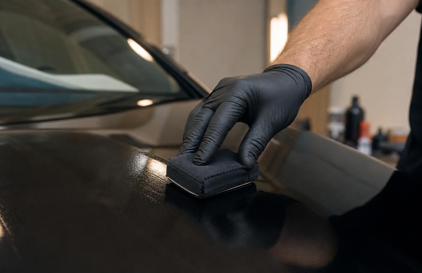 Close-up of a gloved detailer spreading ceramic coating across a black car hood with a suede applicator