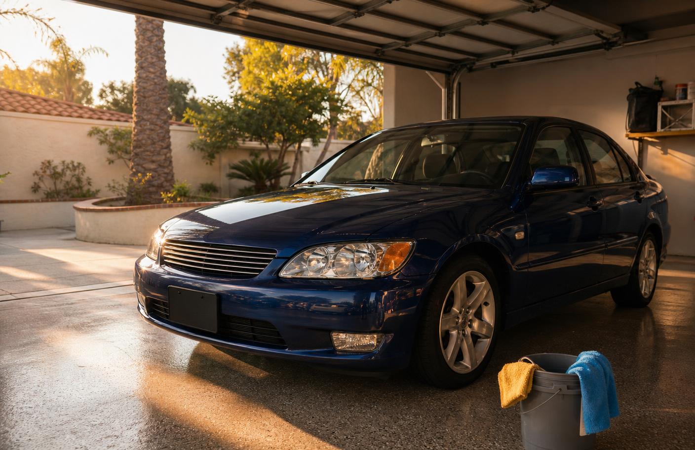 Freshly detailed dark blue sedan parked in a residential Los Angeles garage in late afternoon light
