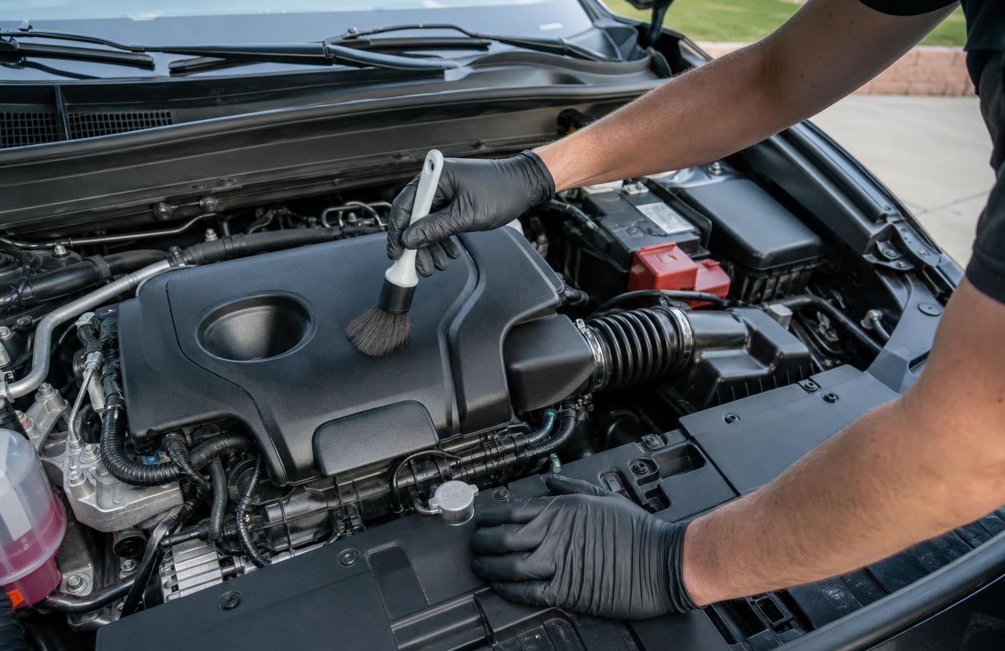 Detailer cleaning a modern engine bay with a soft brush under an open hood