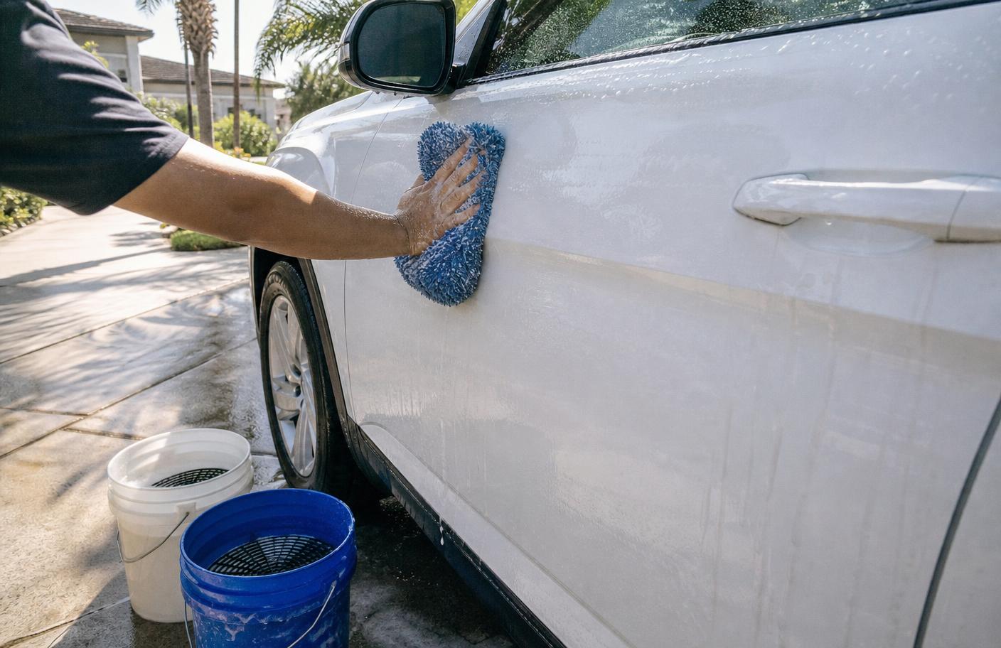 Detailer hand washing a white SUV with a foam mitt and two-bucket setup on a driveway
