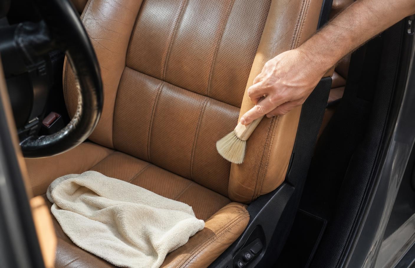 Detailer cleaning and conditioning a tan perforated leather car seat