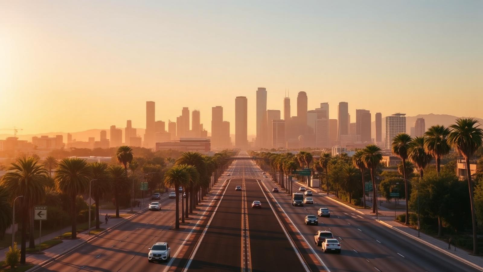 Los Angeles skyline at golden hour seen along a palm-lined boulevard