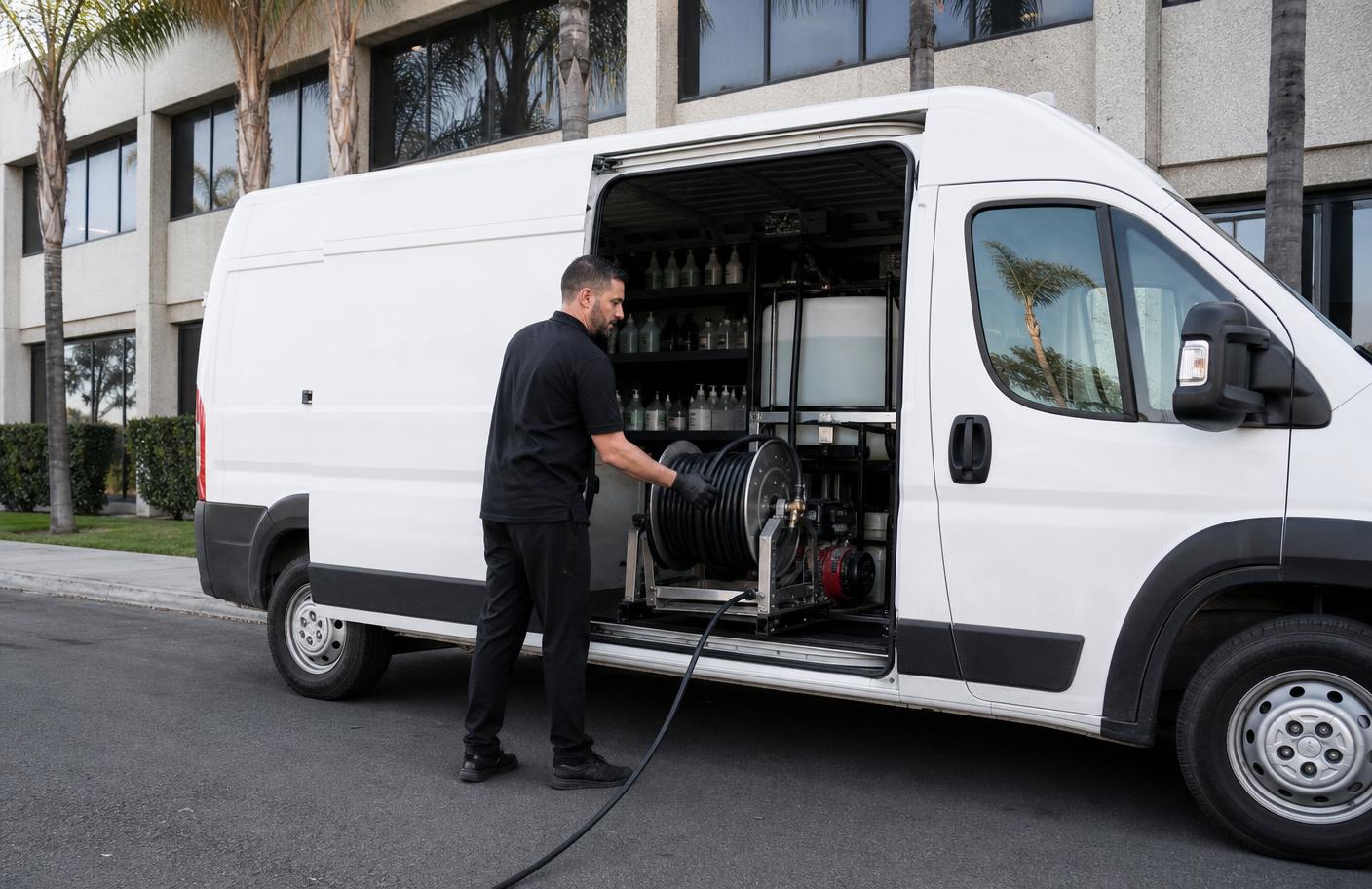 Self-contained mobile detailing van with water tank and equipment parked outside a Los Angeles office