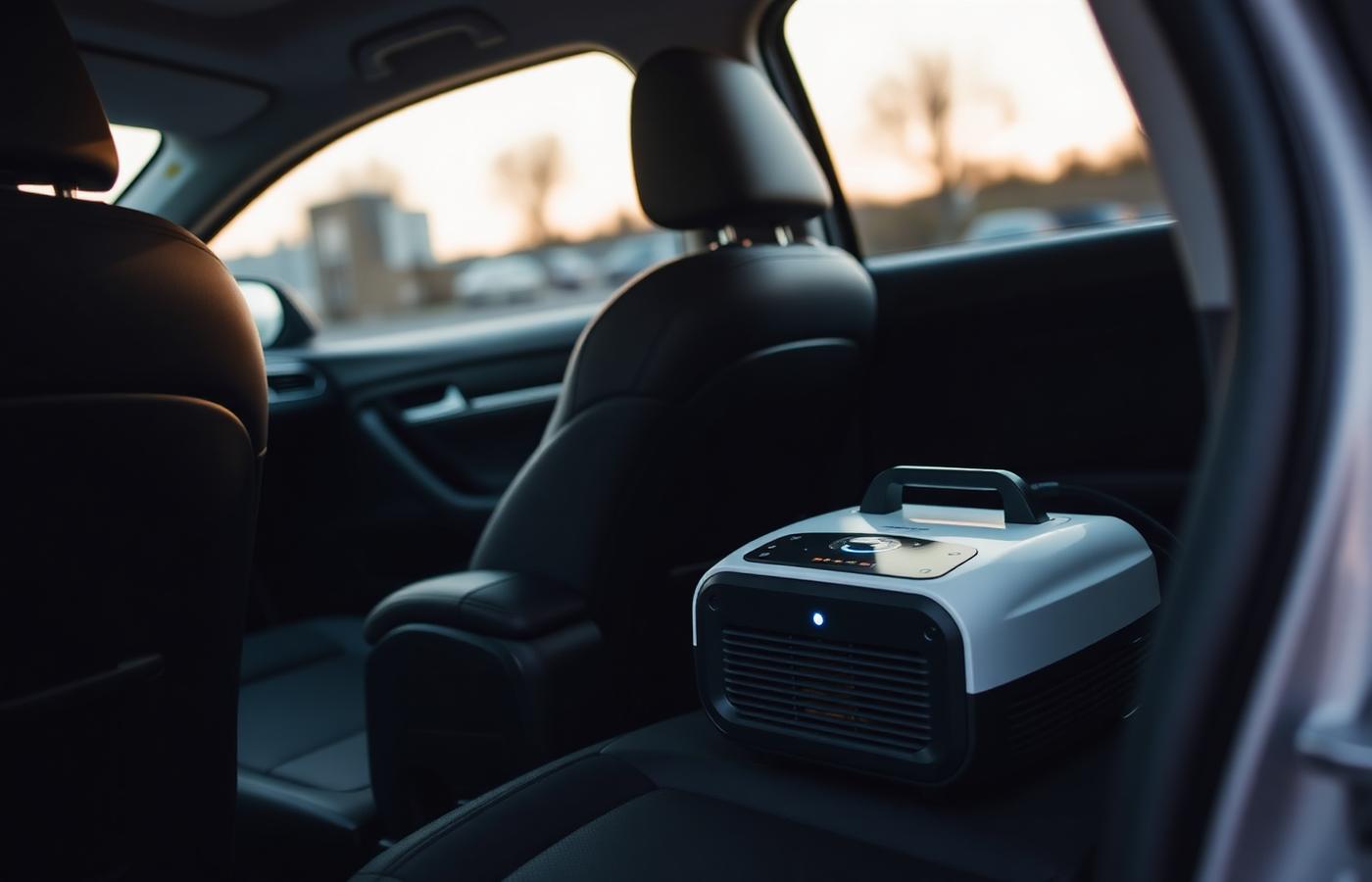 Ozone generator running inside a closed car cabin during an odor treatment