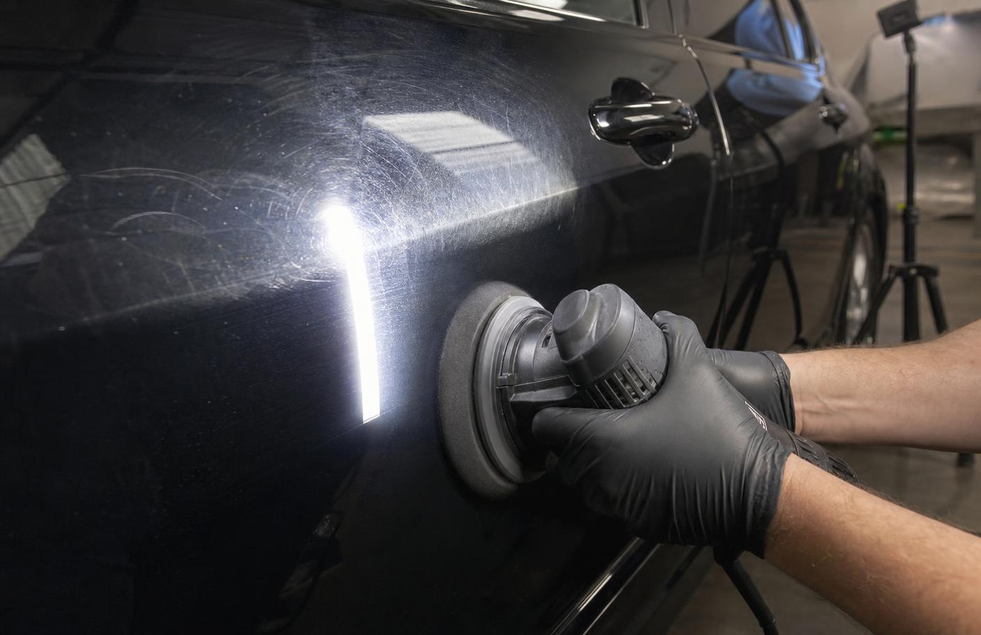 Machine polisher working a black car door panel with an inspection light revealing swirl marks in the untouched area