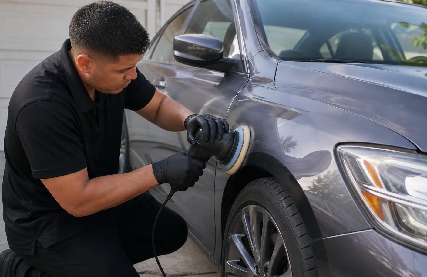 Dual action polisher removing swirl marks from a silver car door under inspection lighting