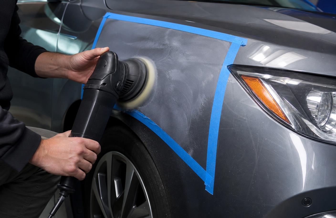 Detailer machine polishing a taped-off test section on a grey car fender to evaluate how the paint responds