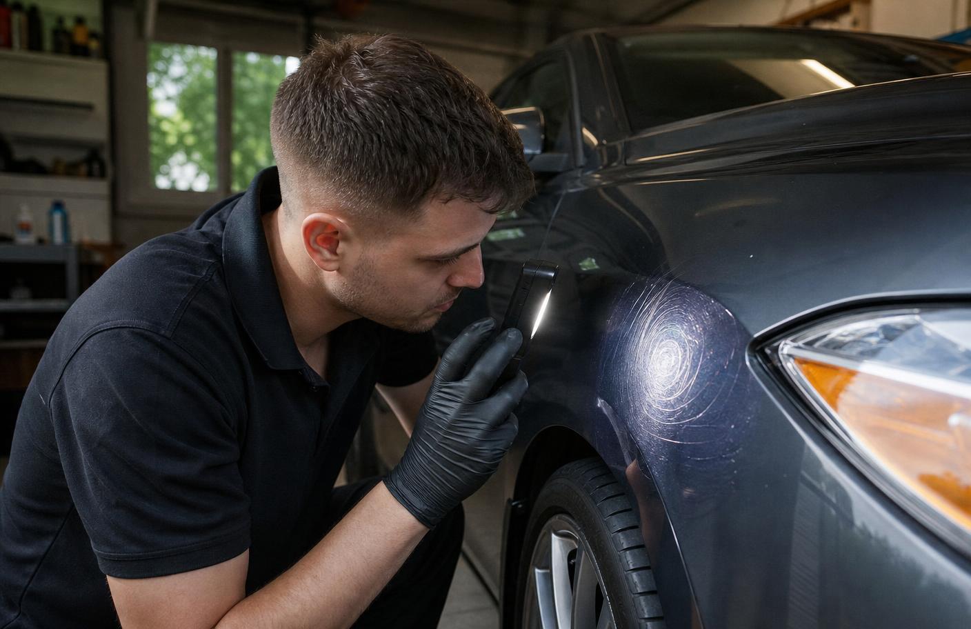 Detailer inspecting swirl marks in dark car paint with a focused handheld inspection light