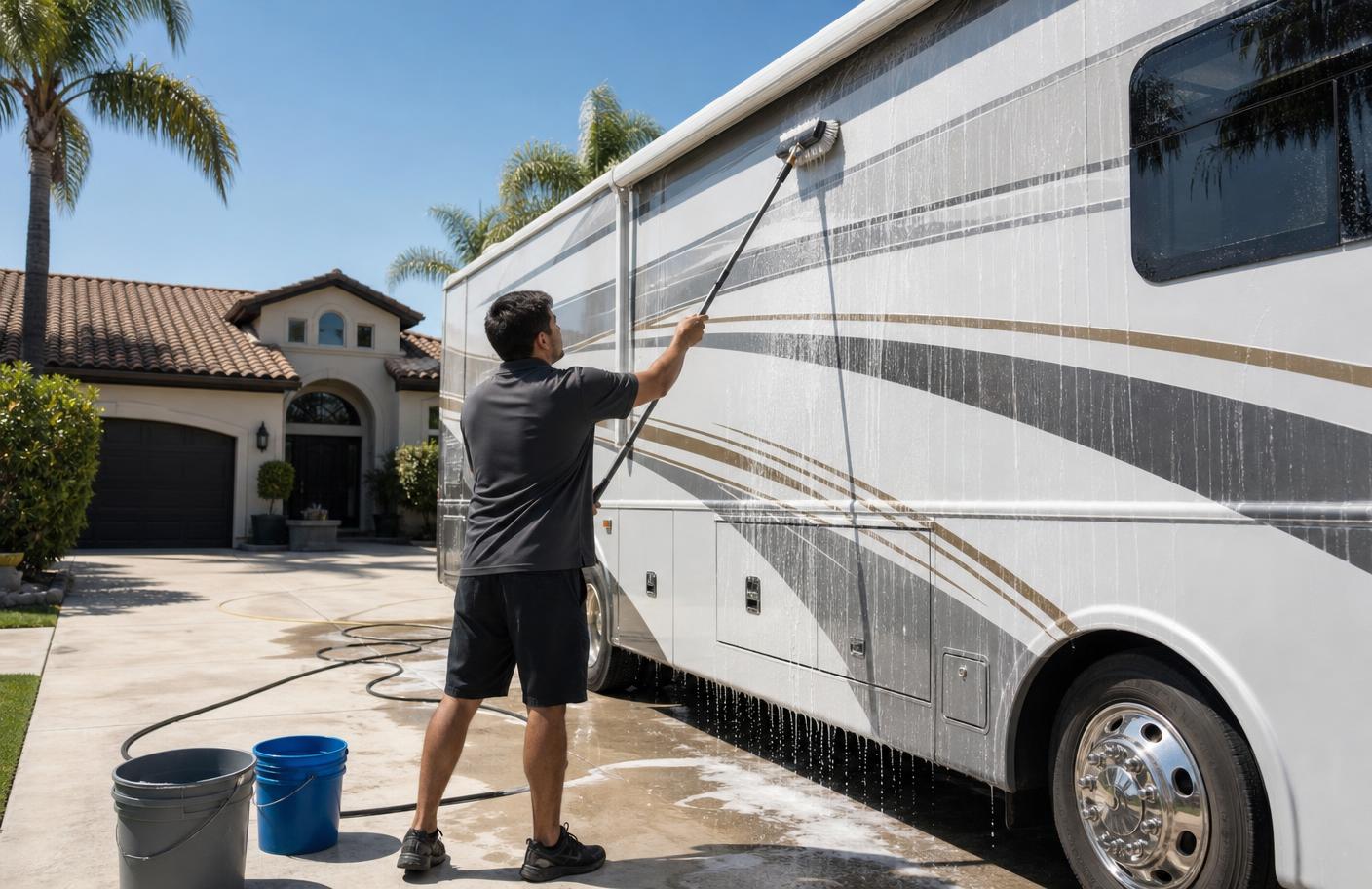 Mobile RV detailer washing the sidewall of a Class A motorhome in a Los Angeles driveway