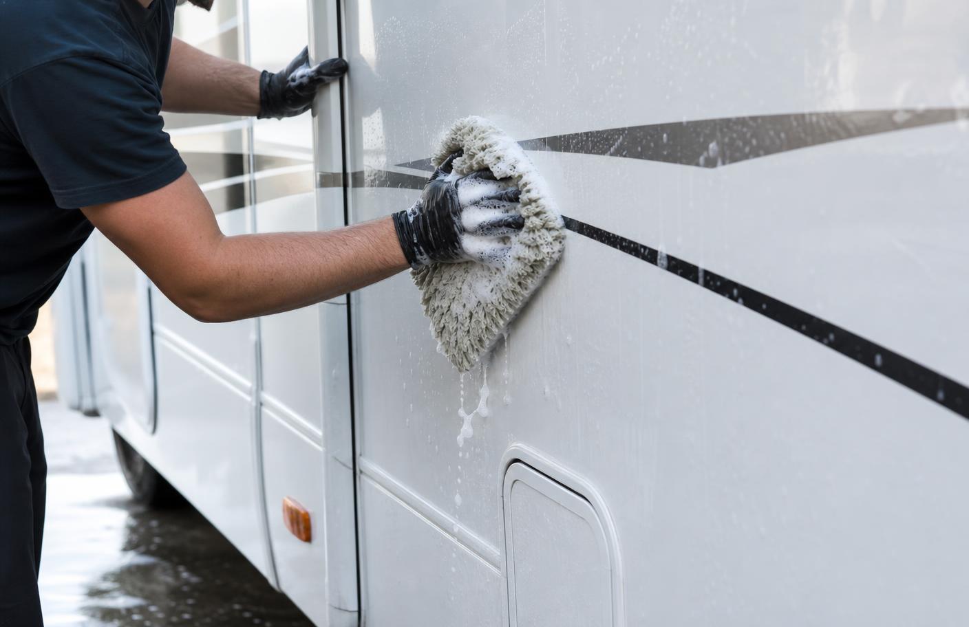 Detailer hand-washing a motorhome fiberglass sidewall with a soft wash mitt beside a decal stripe