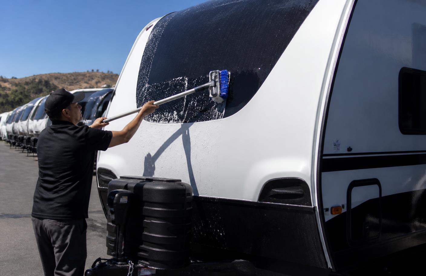 Detailer washing the front cap of a travel trailer at an outdoor RV storage lot