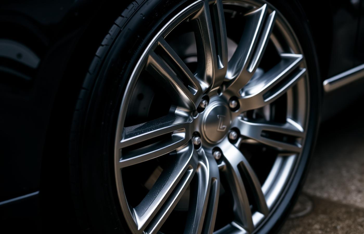 Polished alloy wheel and dressed tire after a mobile detail